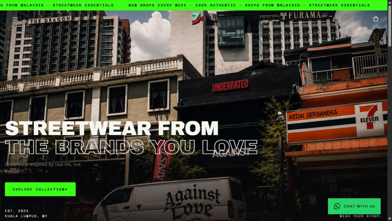 7DAYSTORE homepage with Kuala Lumpur street imagery and vivid green accents