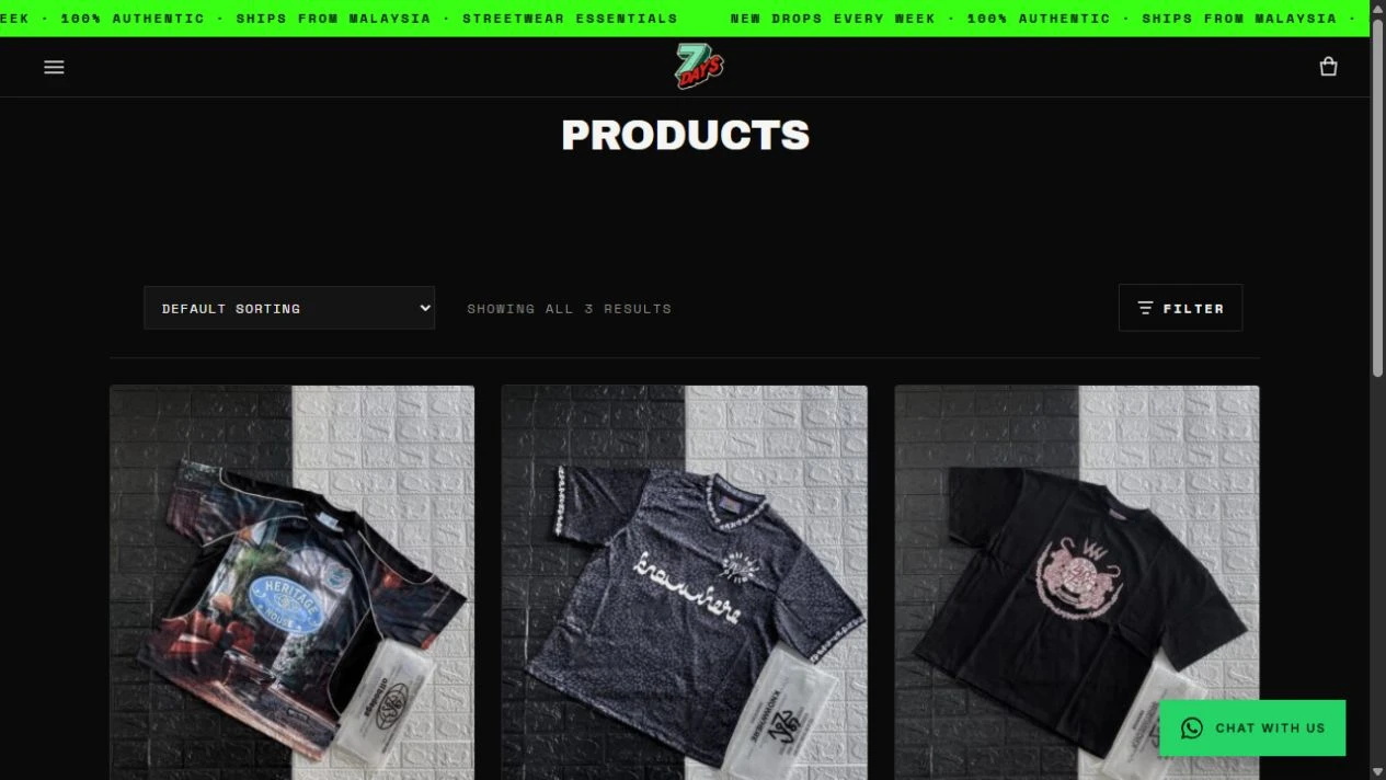 7DAYSTORE product collection with streetwear items, sorting and filters