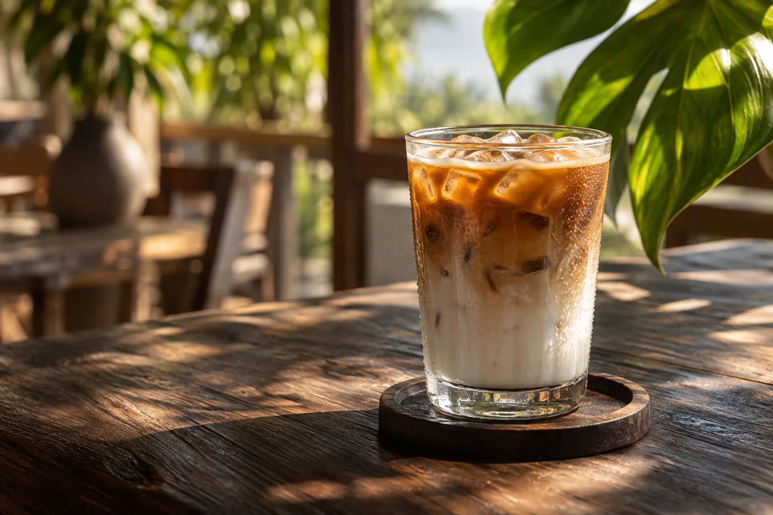 Iced latte on a sunlit wooden café table
