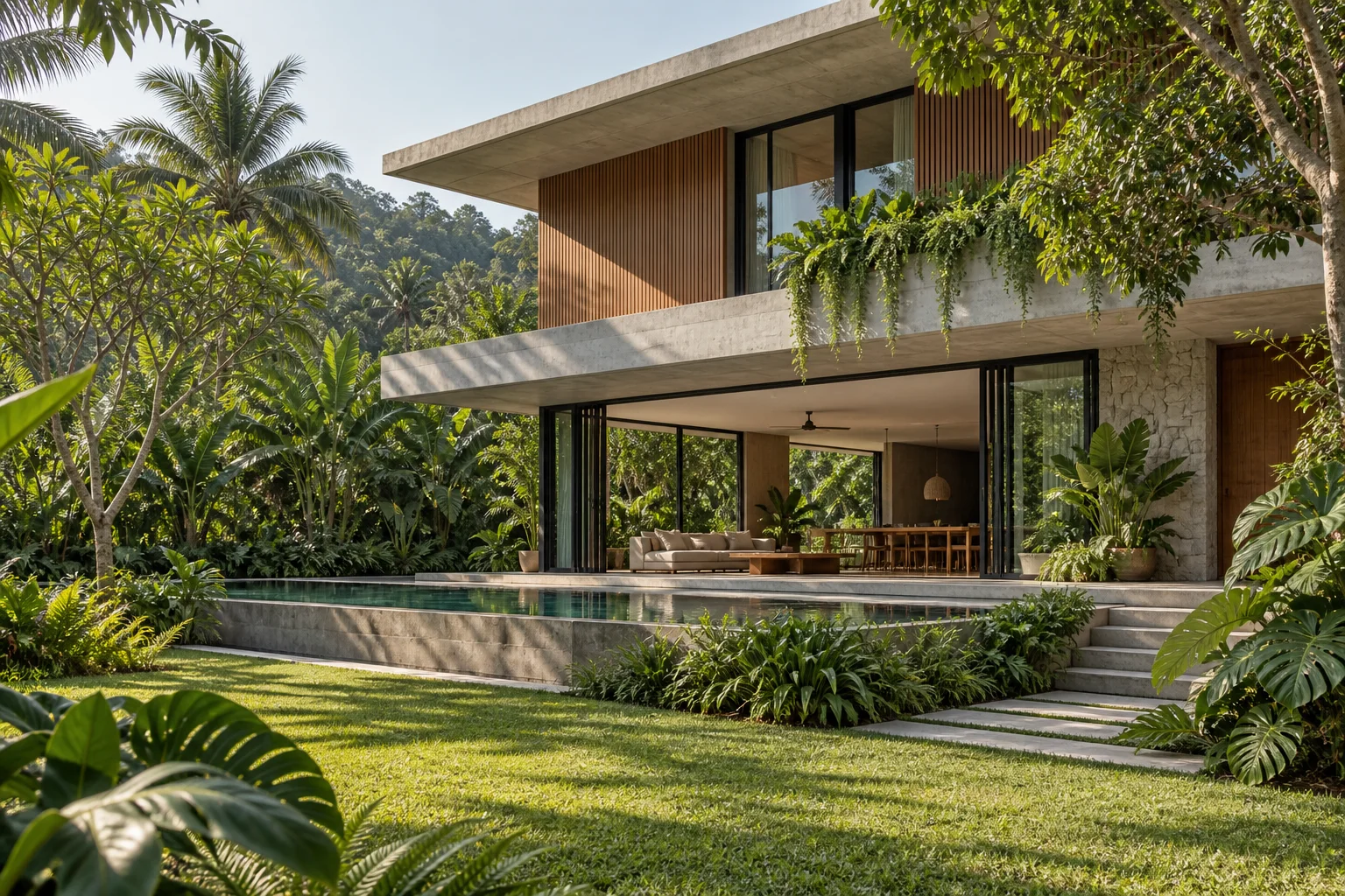 Contemporary tropical home with concrete, timber and lush planting