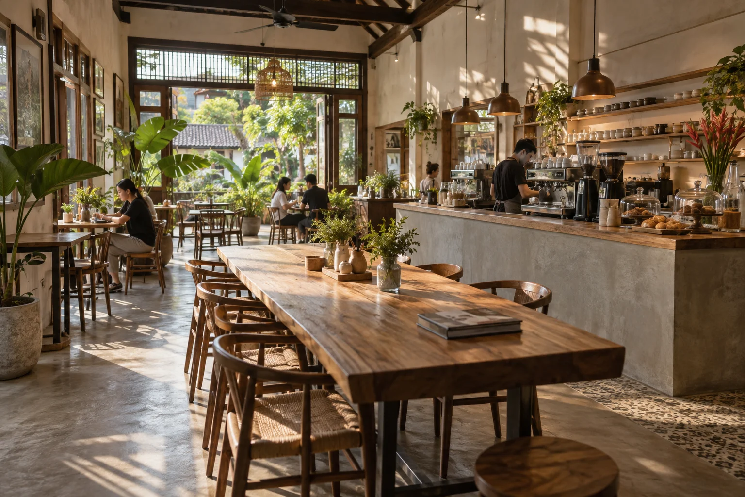 Warm café interior with communal tables