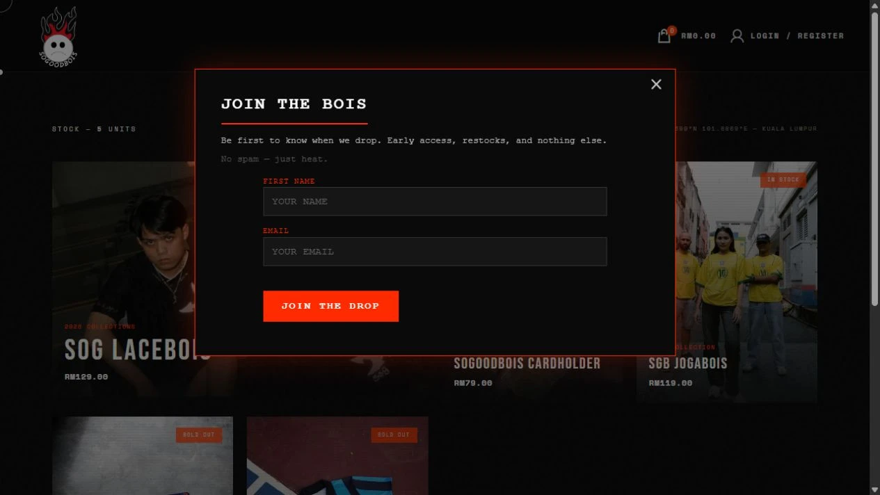 SoGoodBois collection page featuring its fashion and accessory products